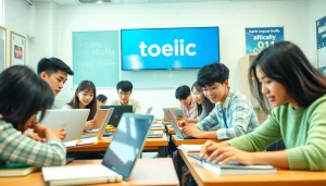 TOEIC試験対策のためにスタディサプリ キャンペーンコード toeicを使用している学生を示す現代的なデジタル教室。