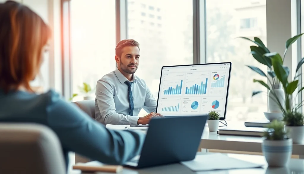 Engaging financial consultant at https://globalwealthscope.com, showcasing market analysis and client interaction.