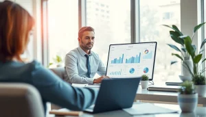 Engaging financial consultant at https://globalwealthscope.com, showcasing market analysis and client interaction.