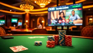 Players enjoying an exciting poker game at OK365 casino, highlighting thrilling action and luxurious atmosphere.