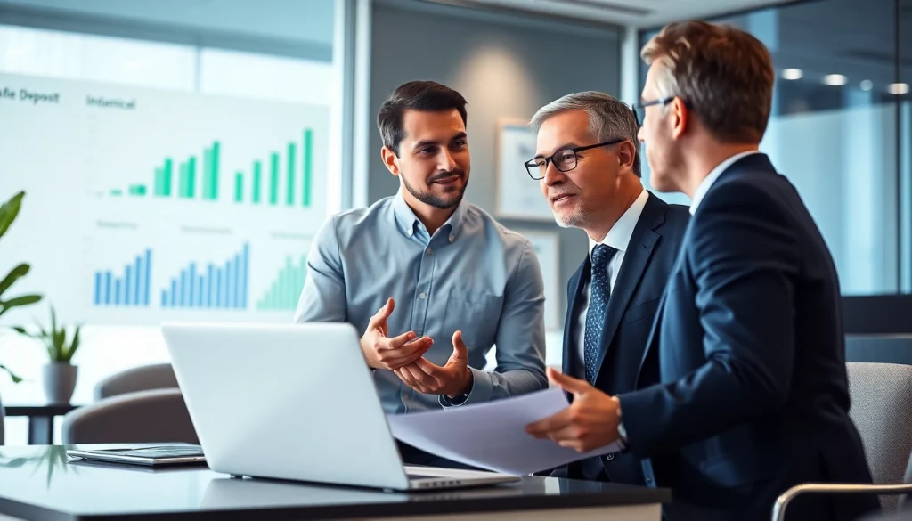 Membahas strategi investasi deposit 1k dengan penasihat di dalam kantor modern.