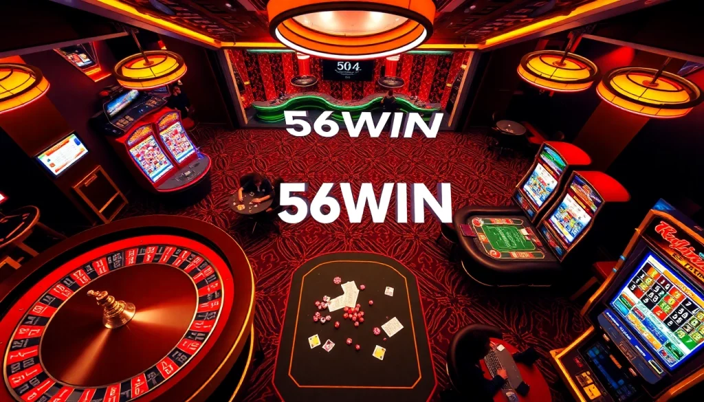 Experience thrilling games at 56WIN with engaging casino tables and vibrant slot machines.