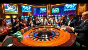 Players enjoying high-stakes gambling at a luxurious tg 88 casino with roulette and poker.