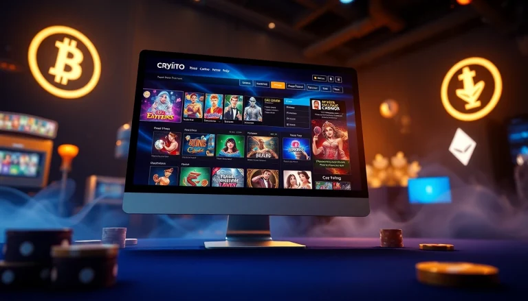 Experience the best crypto casinos featuring vibrant games, crypto logos, and a sleek interface.