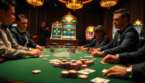 Players compete at a luxurious poker table, capturing the thrill of gambling at thabet casino.