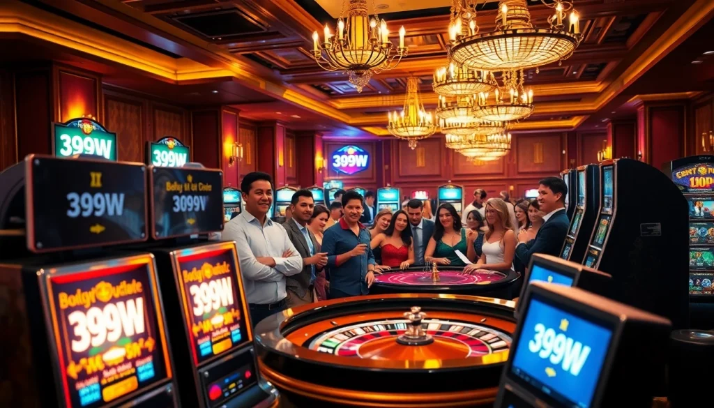 Players enjoying a vibrant gaming experience with 399W branding at a luxurious casino.