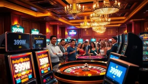 Players enjoying a vibrant gaming experience with 399W branding at a luxurious casino.