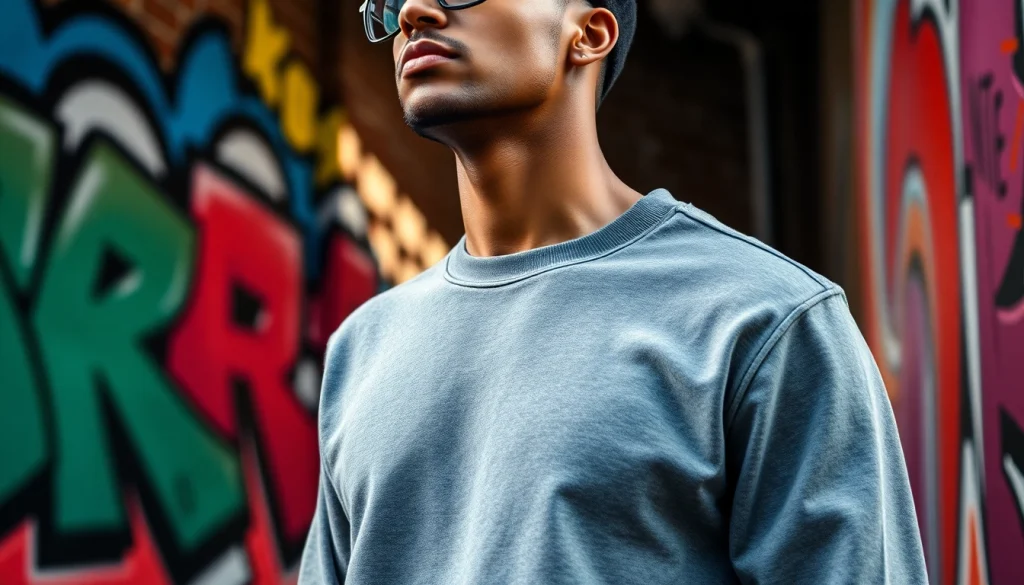 Showcasing a stylish crew neck sweatshirt on a model in an urban setting with vibrant colors.