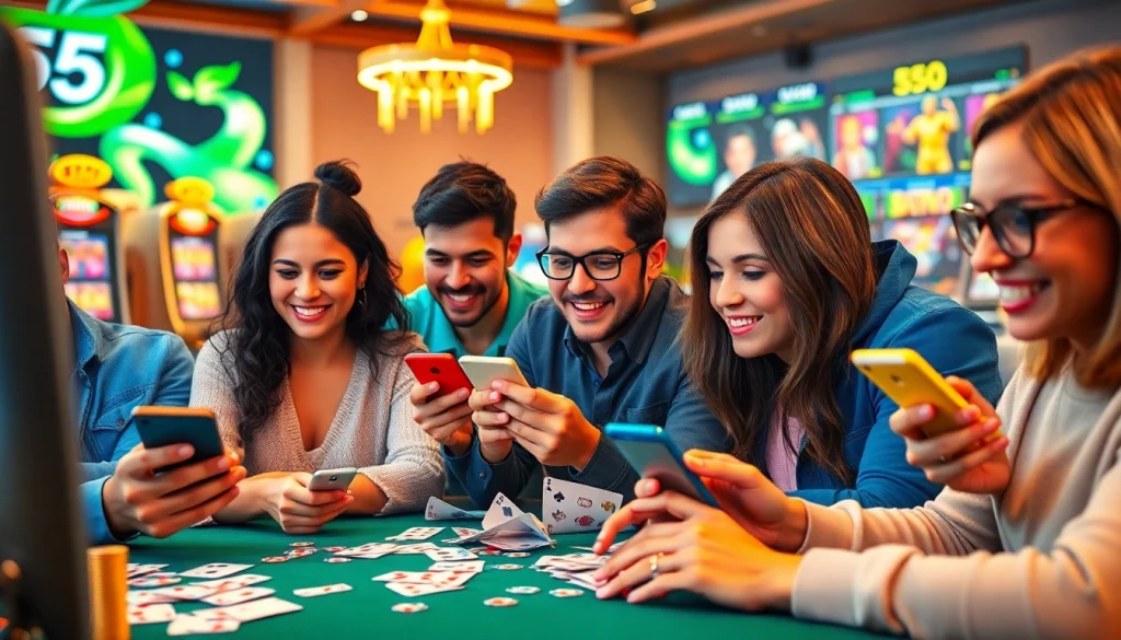 Engaging scene of diverse players enjoying 55DD online betting platform with vibrant games and lively atmosphere.