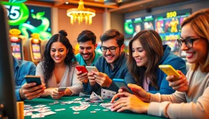 Engaging scene of diverse players enjoying 55DD online betting platform with vibrant games and lively atmosphere.