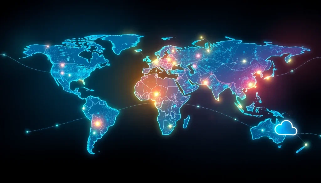 快连官网 showcases a vibrant digital world map connected by glowing data lines, representing fast global internet access.