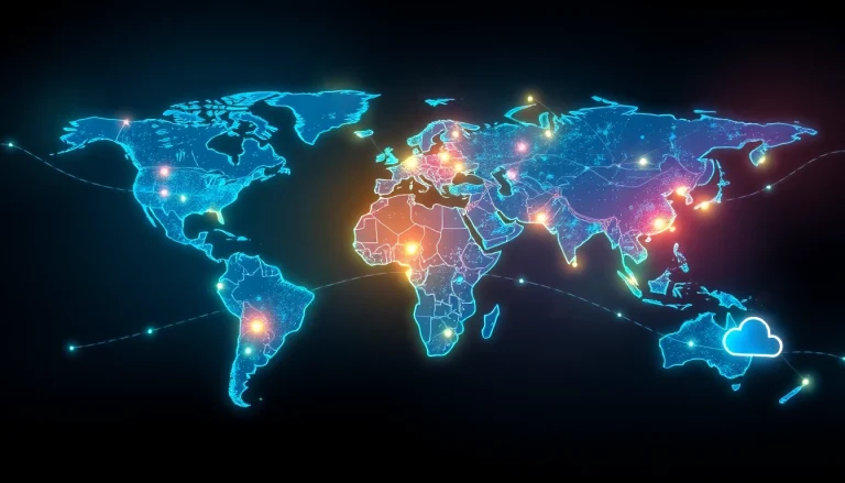 快连官网 showcases a vibrant digital world map connected by glowing data lines, representing fast global internet access.