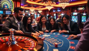 Players strategize at a lively casino, showcasing gori77 slot machines and poker tables in a vibrant atmosphere.