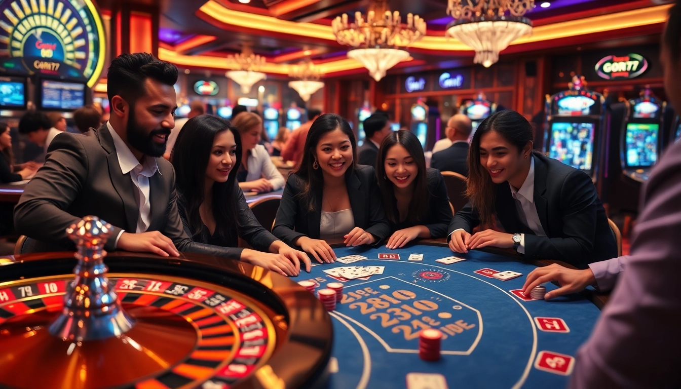 Players strategize at a lively casino, showcasing gori77 slot machines and poker tables in a vibrant atmosphere.