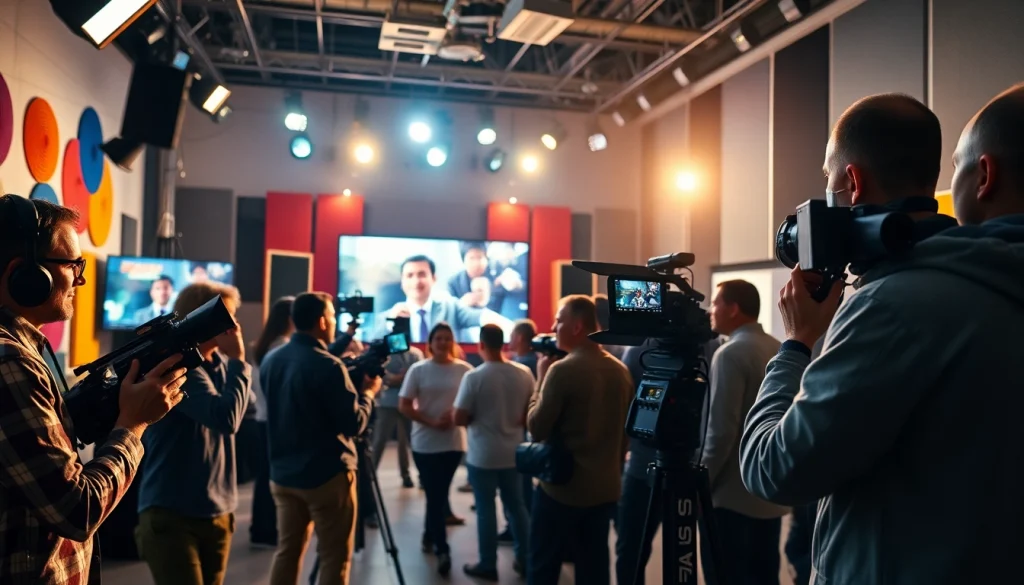 Team collaborating on video production Phoenix, capturing vibrant visuals in a professional studio.