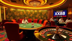 Players strategize with XX88 chips at a luxurious casino poker table amid vibrant ambiance.
