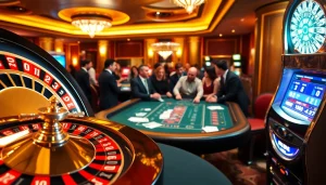 Players enjoying the excitement of casino games at the rr88 link location, featuring roulette and poker.