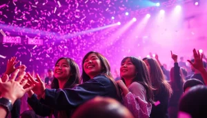 Engaging BLACKPINK news concert scene with vibrant lights and excited fans in the foreground.