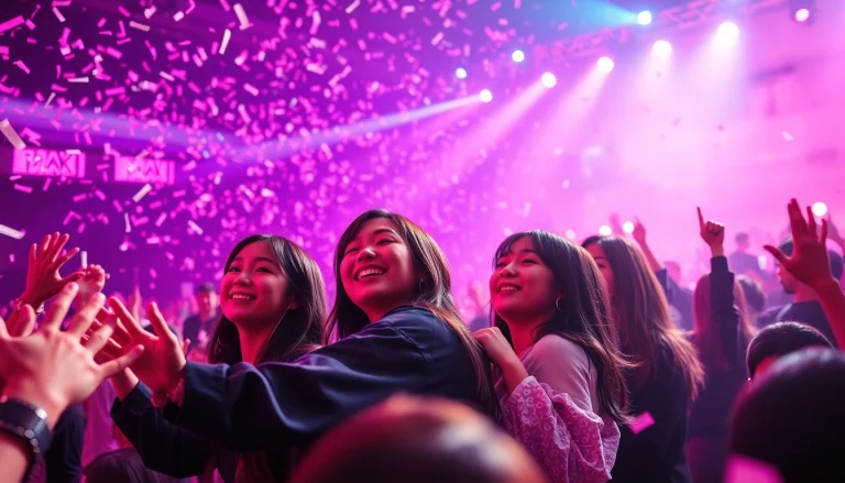 Engaging BLACKPINK news concert scene with vibrant lights and excited fans in the foreground.