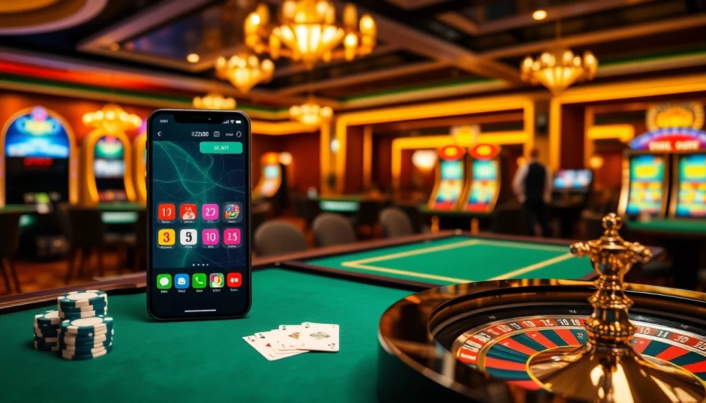 Experience the thrill of the hz88 app as players enjoy a vibrant casino atmosphere with cards and chips.