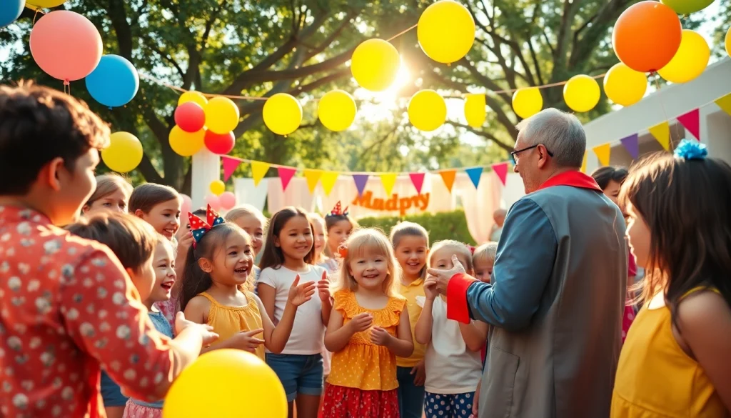 Birthday party entertainers performing magic tricks at a lively outdoor birthday celebration.