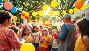 Birthday party entertainers performing magic tricks at a lively outdoor birthday celebration.