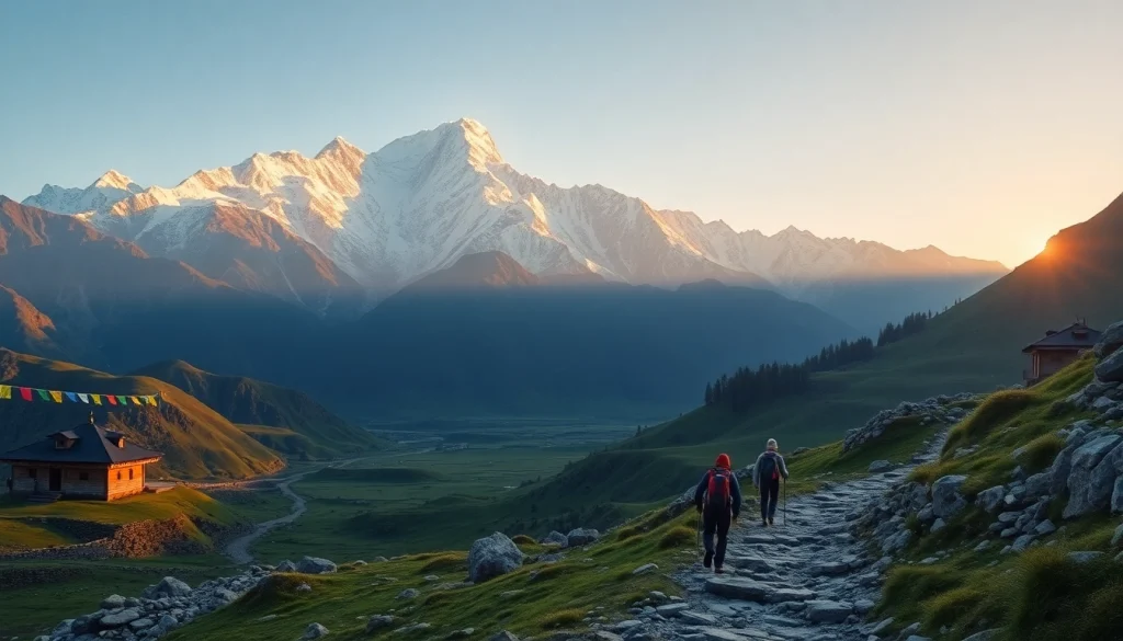 Stunning view of Manaslu Circuit Trek featuring snow-capped mountains, green valleys, and trekkers exploring the scenic trails.