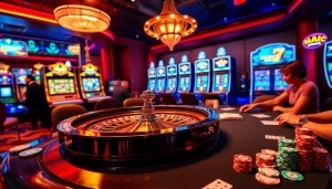SODO casino scene showcasing poker chips, roulette wheel, and engaged players at a stylish gaming table.