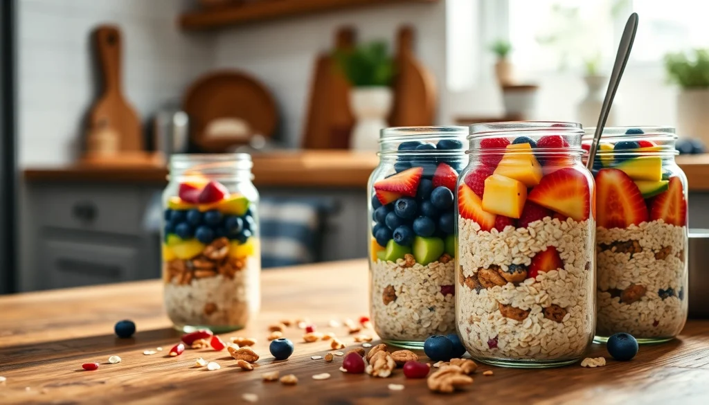 Prepare nutritious meals with https://masonjarbreakfast.com featuring mason jars filled with oats and fruits.