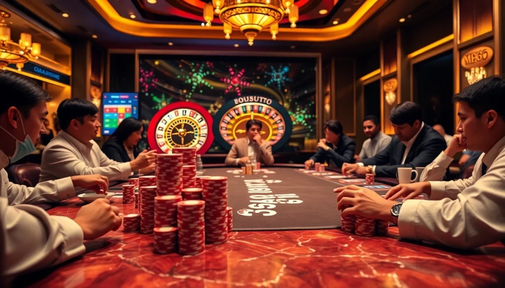 Players strategize at a luxury MB66 poker table, surrounded by excitement and high stakes.