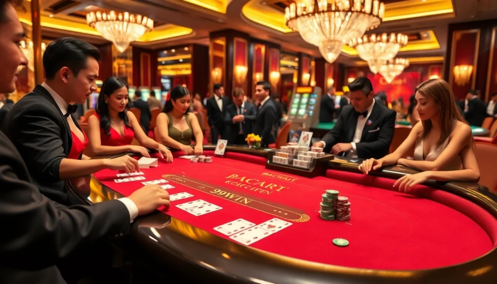 Experience Baccarat 99WIN at its finest with luxurious cards and players at an elegant casino.