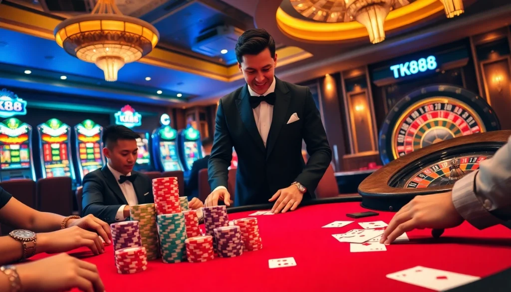 Experience the excitement of TK88 at a vibrant casino with poker tables and slot machines.