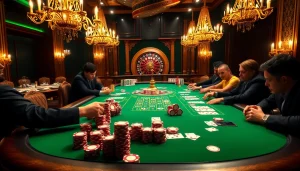 Intense poker gameplay at a high-stakes table, representing the excitement of gavb79 online gambling.