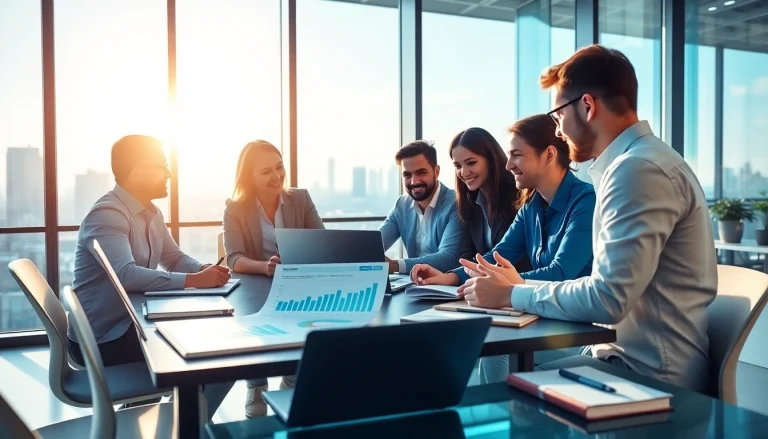 Engaged team analyzing digital marketing strategies with data charts in a collaborative office.