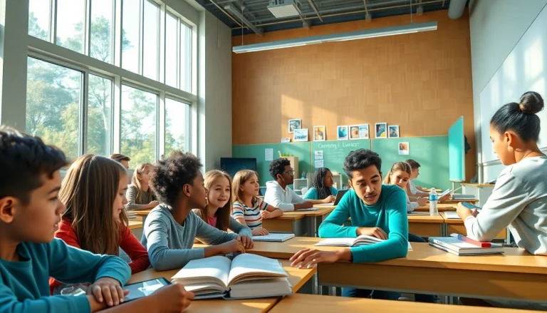 Education-focused classroom with diverse students collaborating in an inspiring environment.