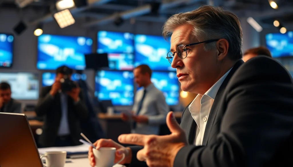 Journalist interviewing in a lively newsroom reflecting Usa Today values of in-depth reporting.