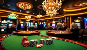 Experience excitement at nohu themed casino tables with vibrant poker chips and cards.