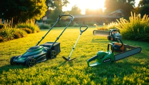 NovorikX outdoor power equipment featuring a cordless lawn mower, string trimmer, and chainsaw in a garden setting.