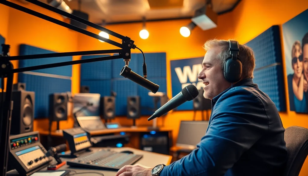 Engaging host broadcasting live on WRNJ Radio in a vibrant studio setting.