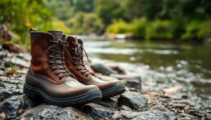 Showcase functional fly fishing boots on a riverbank, emphasizing durability and water resistance.