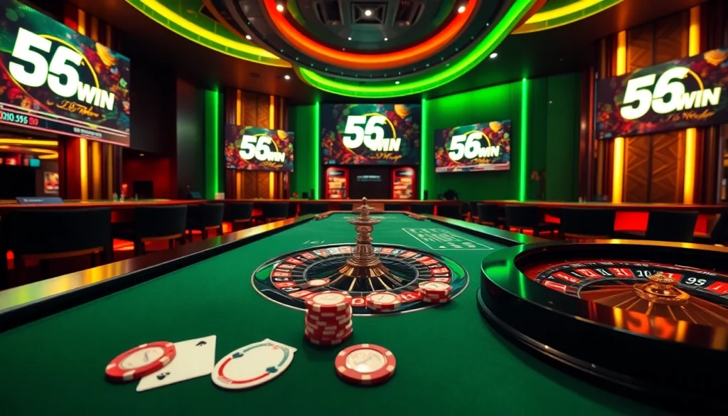 Experience thrilling online gambling with 56WIN as vibrant poker chips and a casino table come to life.