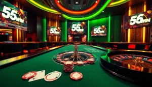 Experience thrilling online gambling with 56WIN as vibrant poker chips and a casino table come to life.