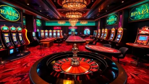 Gamblers excitedly playing at RR88's vibrant casino tables, showcasing roulette and poker action.