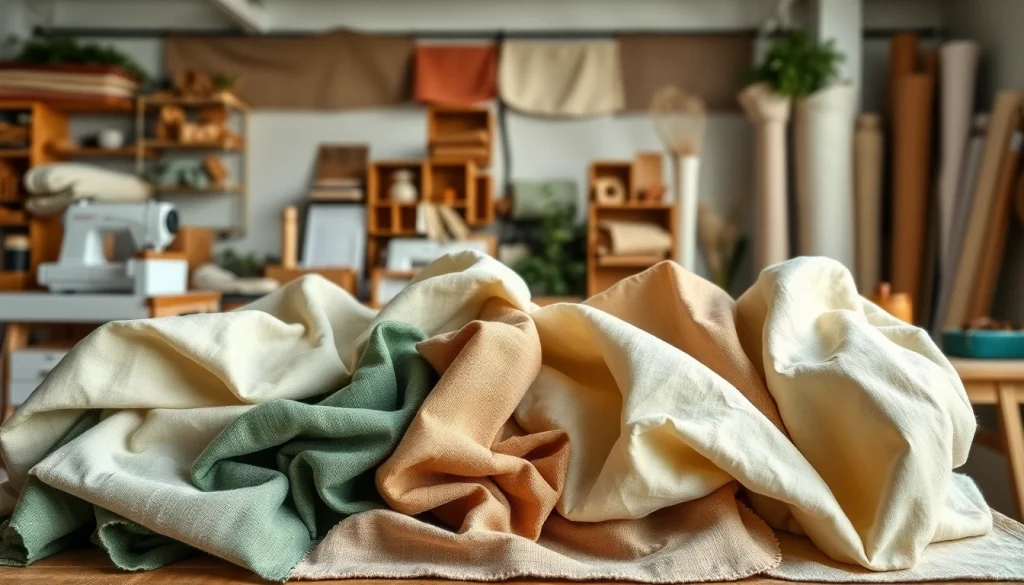 Duurzame stoffen assortiment in een mooie stoffenuitstalling met natuurlijke kleuren en texturen.