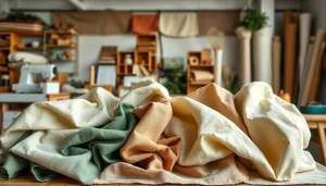 Duurzame stoffen assortiment in een mooie stoffenuitstalling met natuurlijke kleuren en texturen.