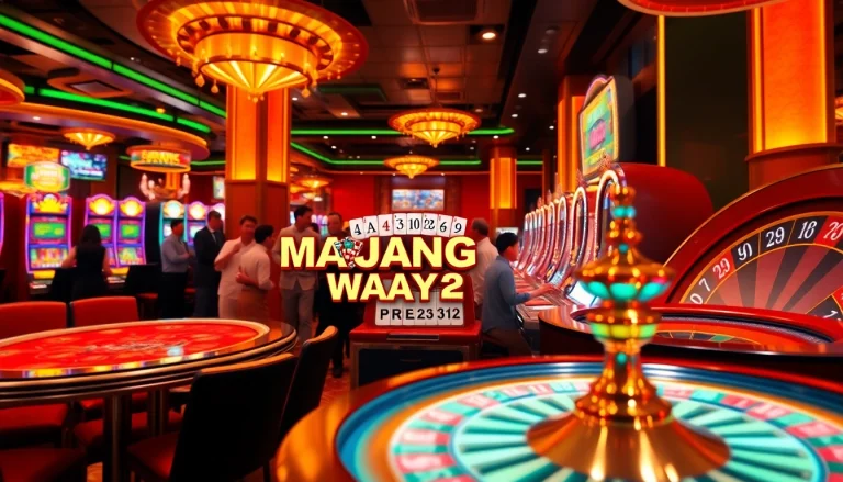 Players enjoying the mahjong ways 2 slot machine at a vibrant casino, buzzing with excitement.