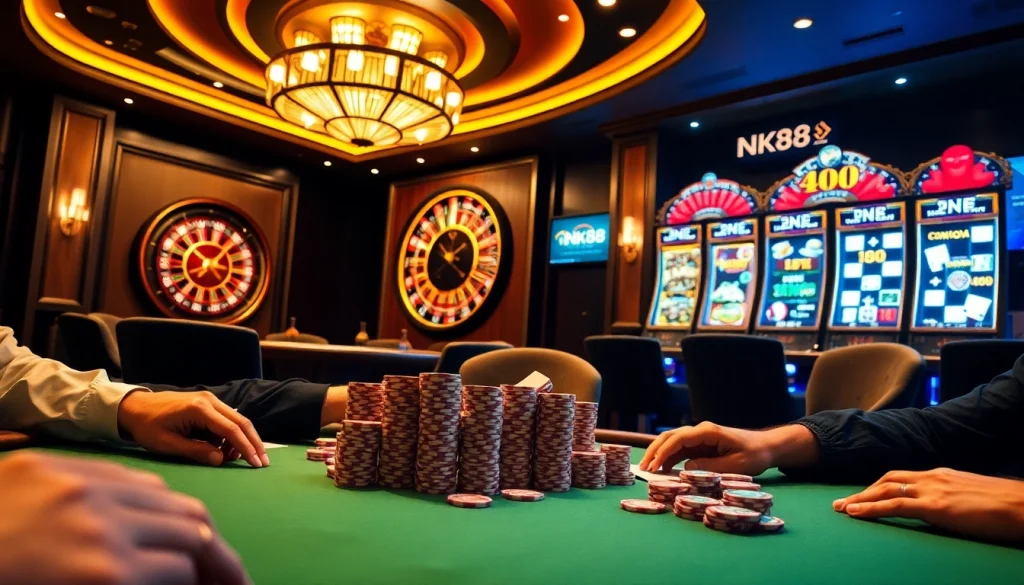 Engaging players at an NK88 table in a vibrant casino ambiance.