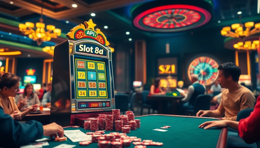 Players engaging with the slot machine "Slot API Raja 88" in a lively casino setting.