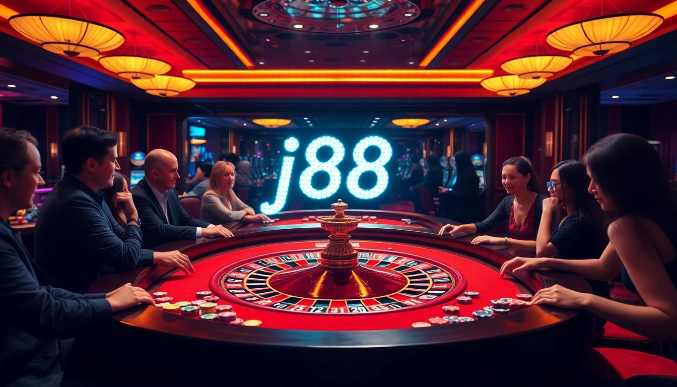 Excited players at a casino roulette table, showcasing j88 in neon above amid vibrant gaming atmosphere.