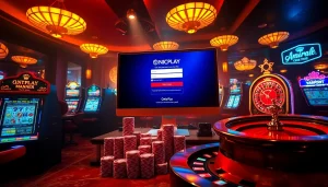 Engage with the ONICPLAY login interface amidst a vibrant casino setting filled with slot machines.